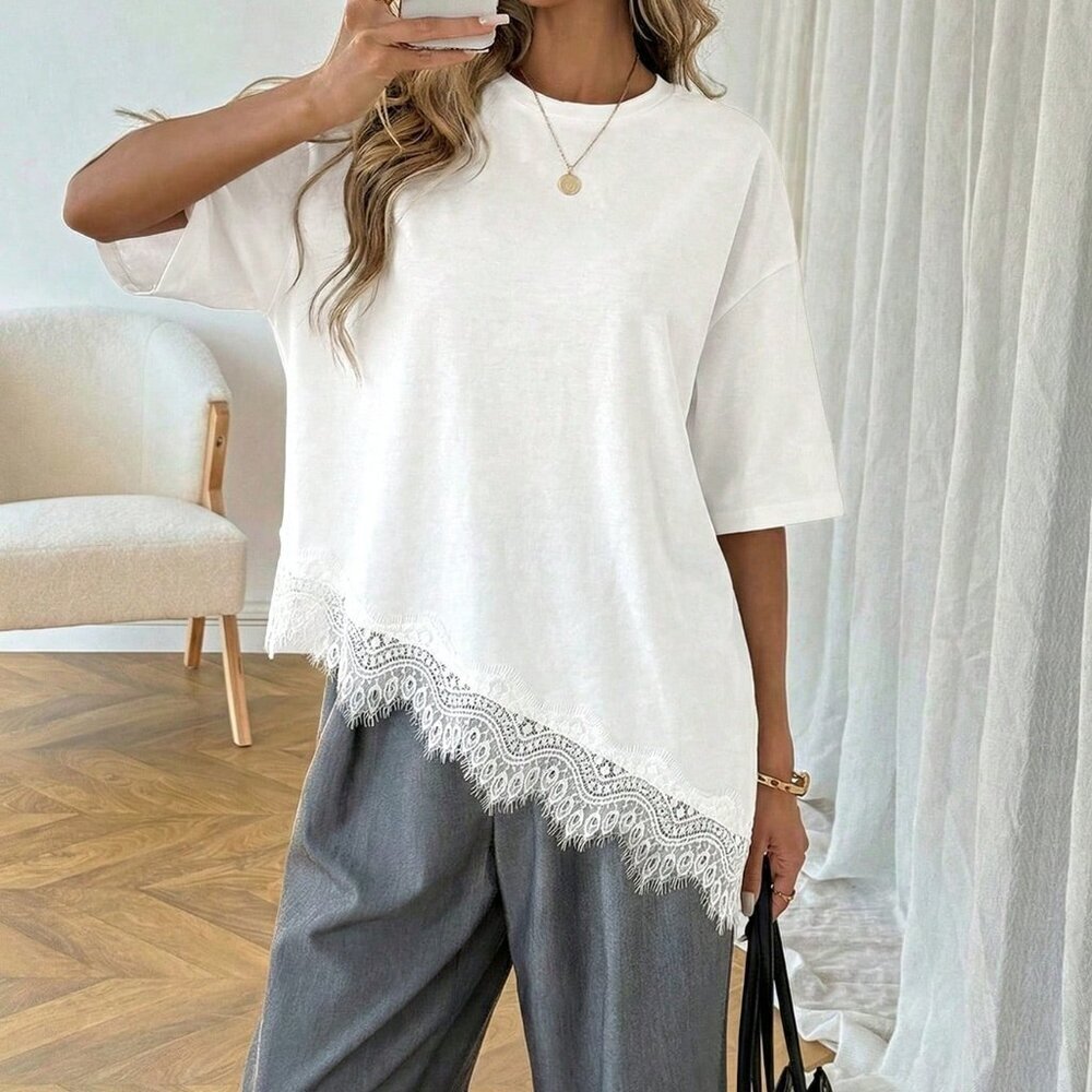 White Casual Women's Asymmetrical Hem Lace Patchwork T-Shirt